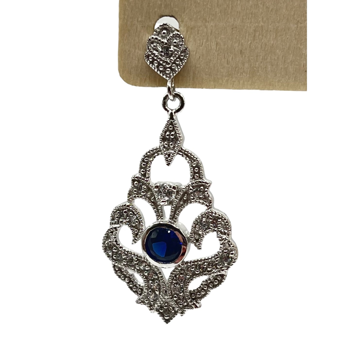 925 Sterling Silver CJW China Drop Dangle Earrings Blue Glass Filigree Ornate