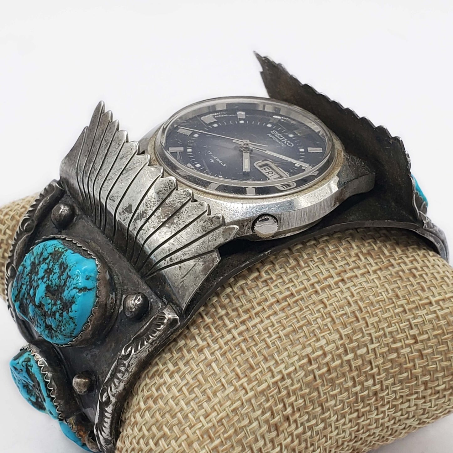 Southwestern W Spencer Navajo Watch Turquoise Cuff Bracelet Sterling Silver
