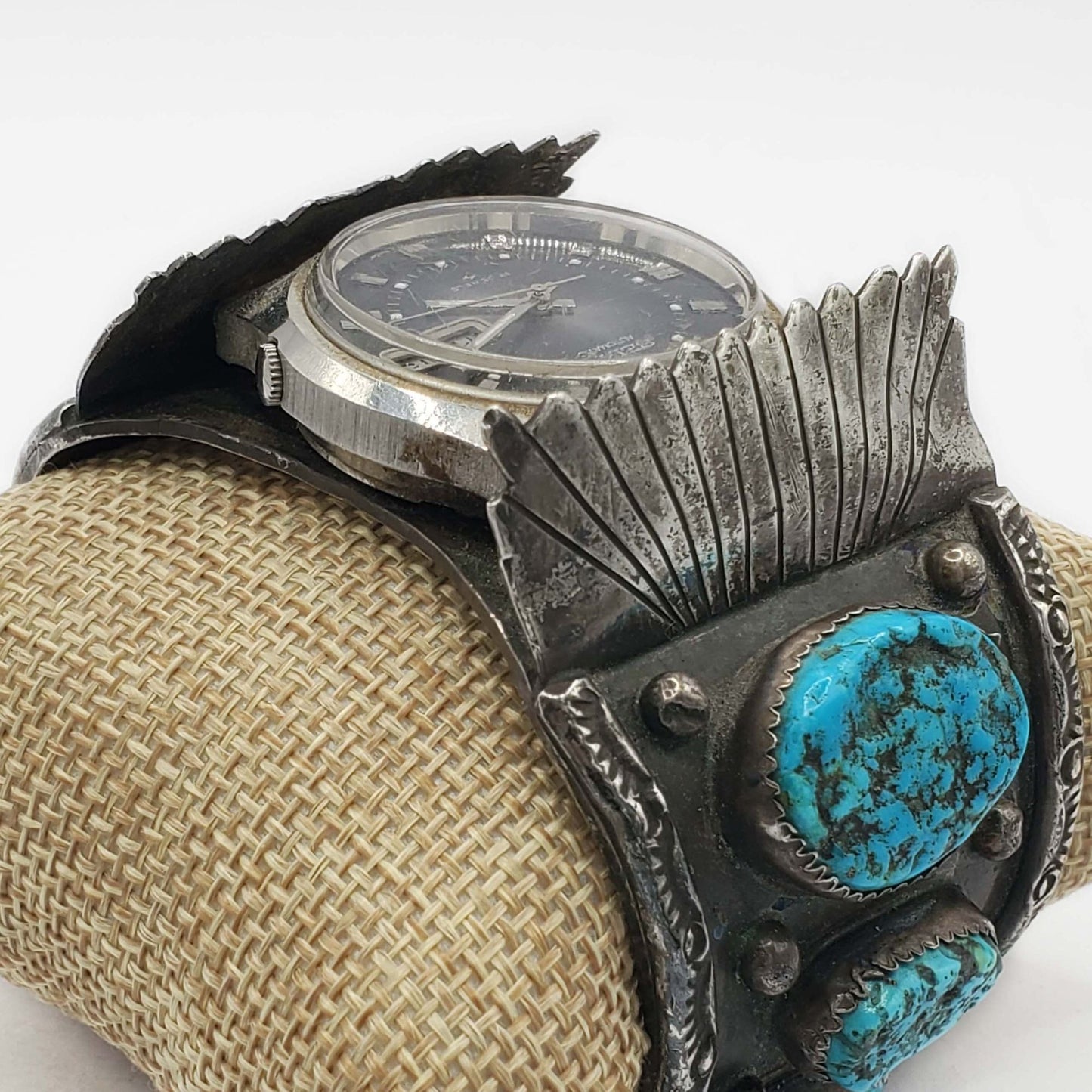 Southwestern W Spencer Navajo Watch Turquoise Cuff Bracelet Sterling Silver