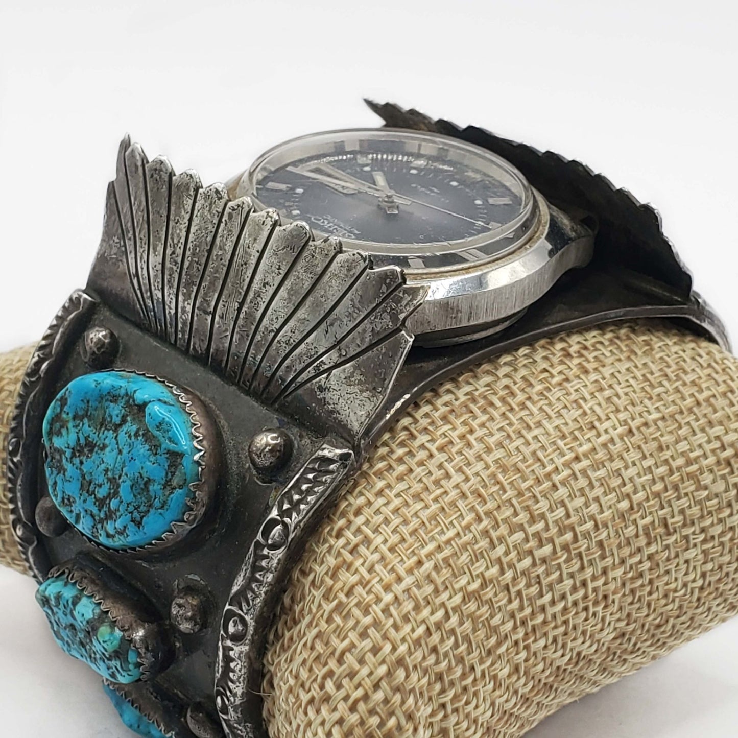 Southwestern W Spencer Navajo Watch Turquoise Cuff Bracelet Sterling Silver