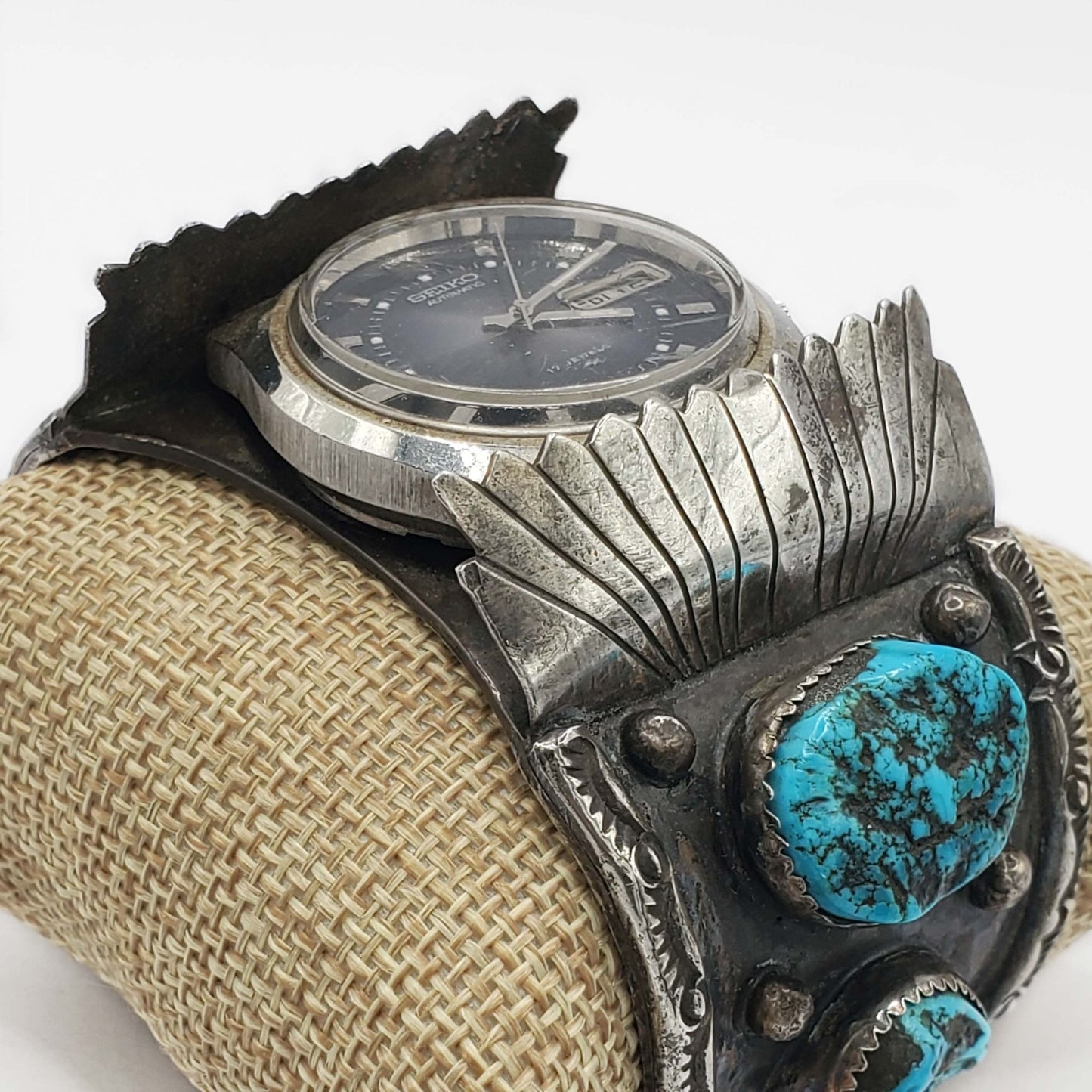 Southwestern W Spencer Navajo Watch Turquoise Cuff Bracelet Sterling Silver