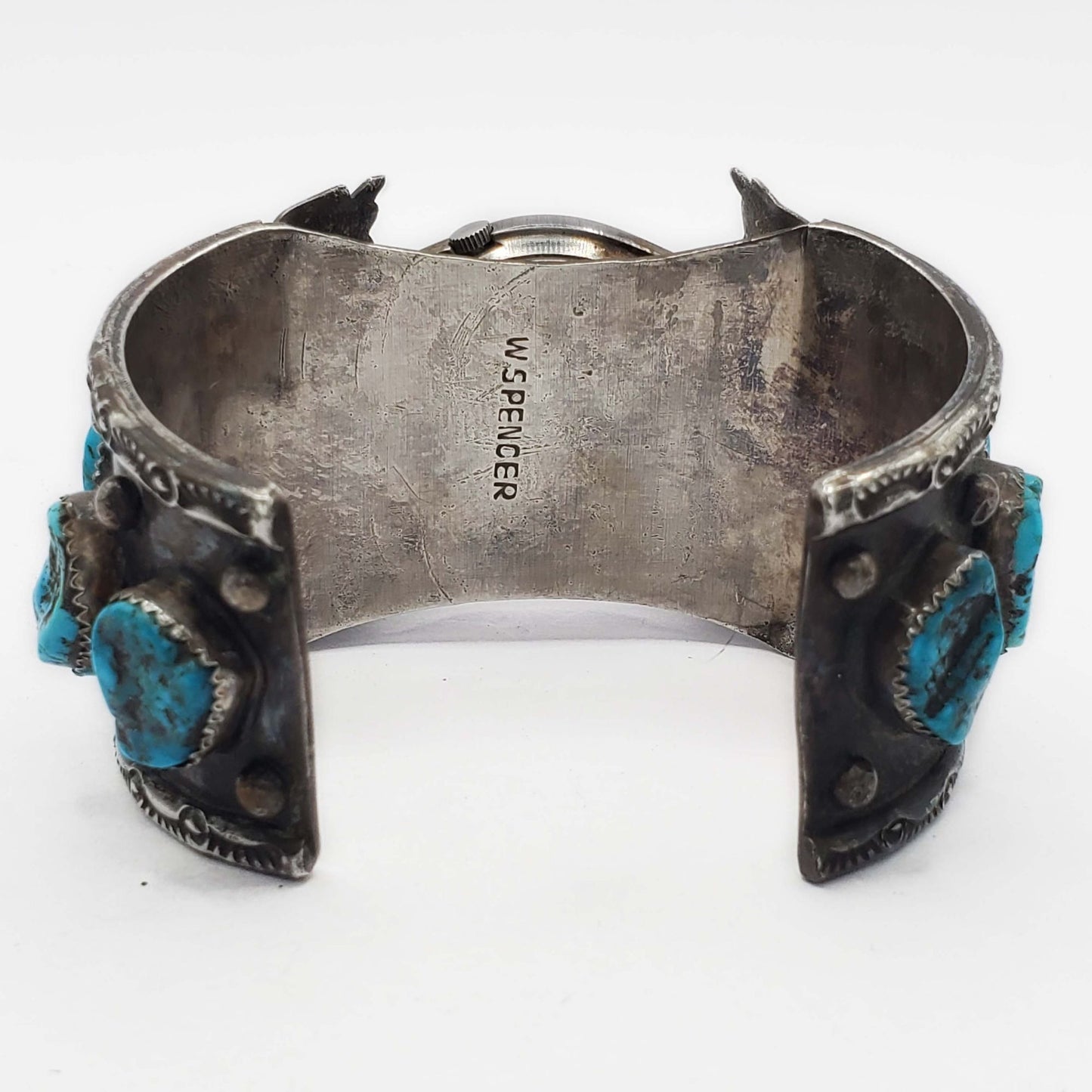 Southwestern W Spencer Navajo Watch Turquoise Cuff Bracelet Sterling Silver