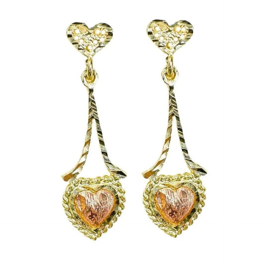 14k Two Tone Gold Heart Etched Dangle Earrings