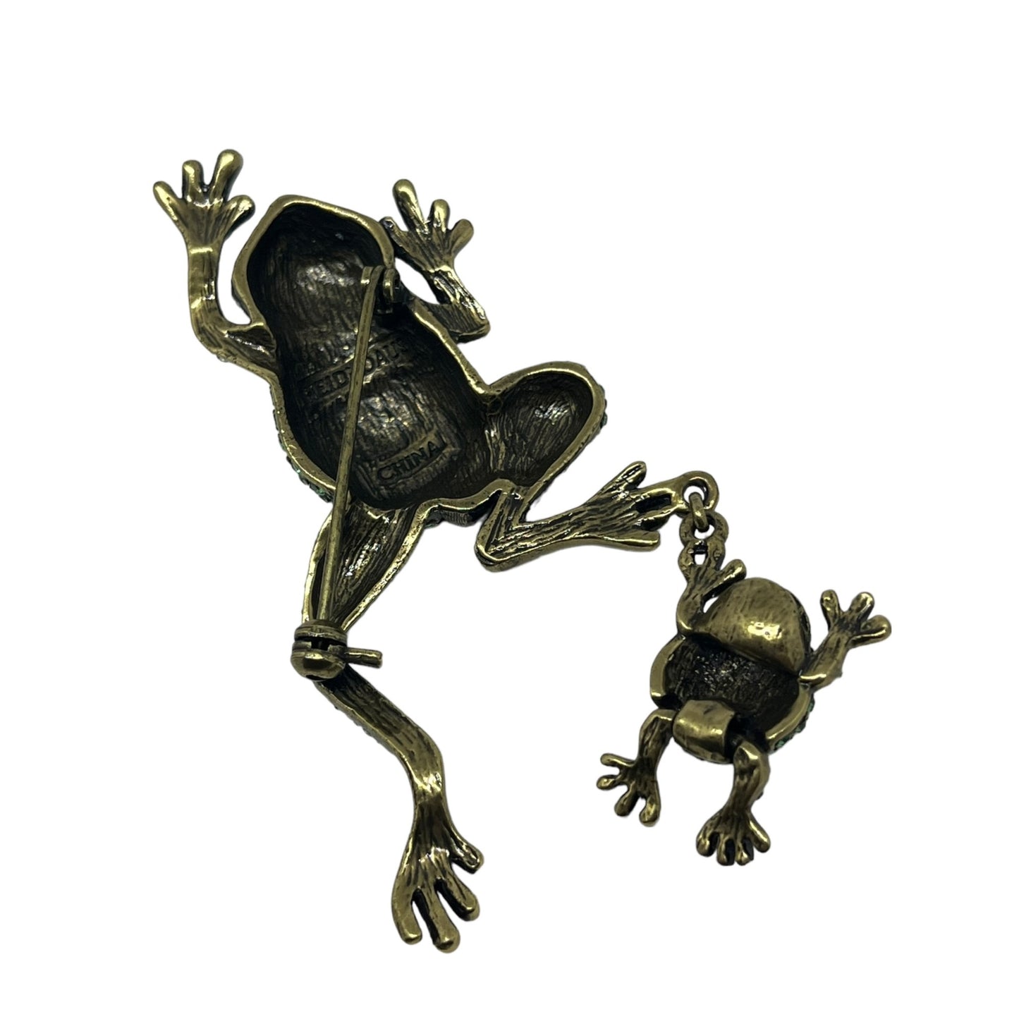 Heidi Daus Hanging By My Toads Crystal Frogs Figural Brooch Pin Bronze Tone