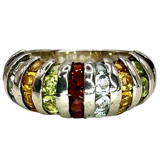 Sterling Silver Domed Multi Gemstone Ring Size 5.75 Colorful Peridot Amethyst