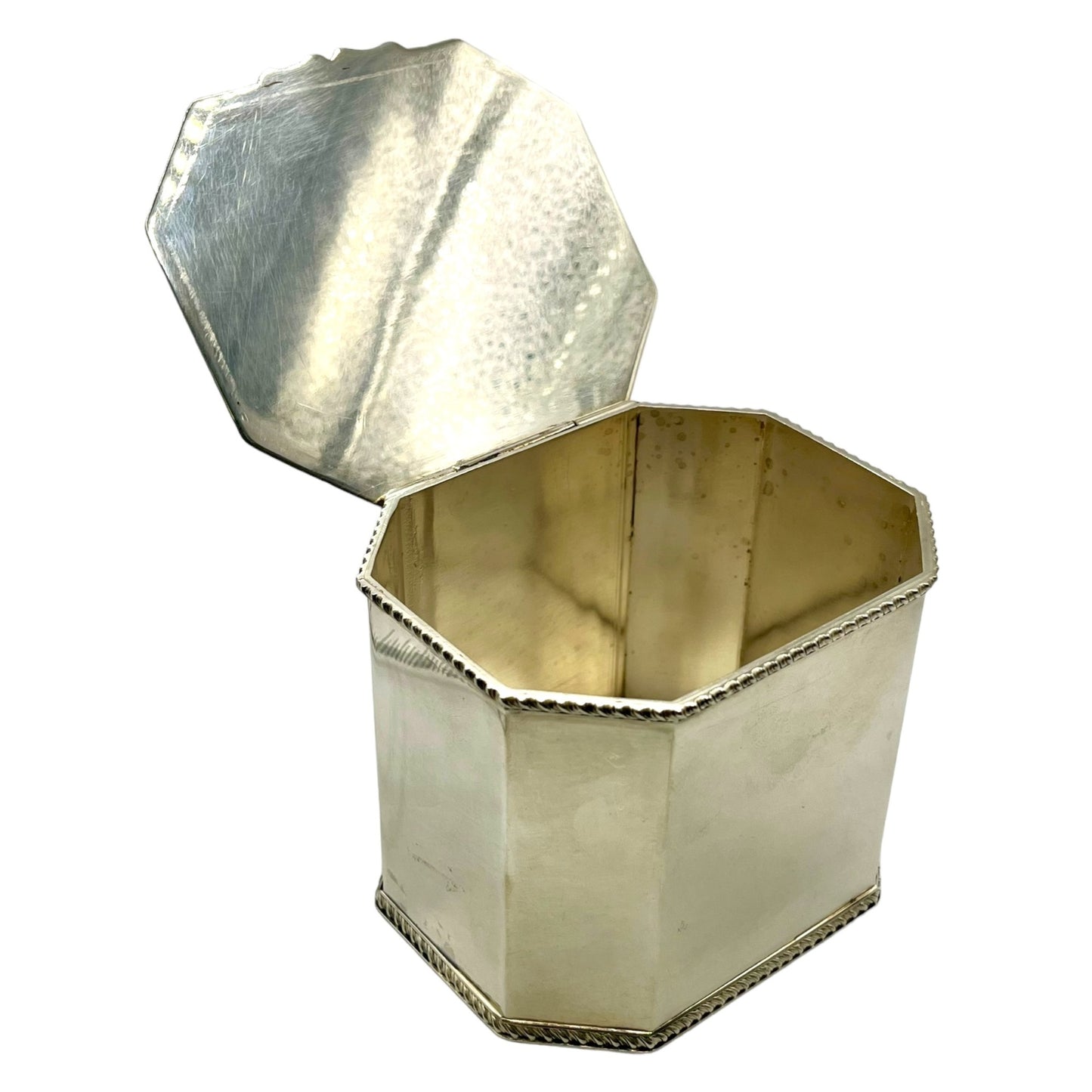 Vintage Octagonal Silver Plated Metal Tea Caddy Tobacco Holder Mini Storage Bin