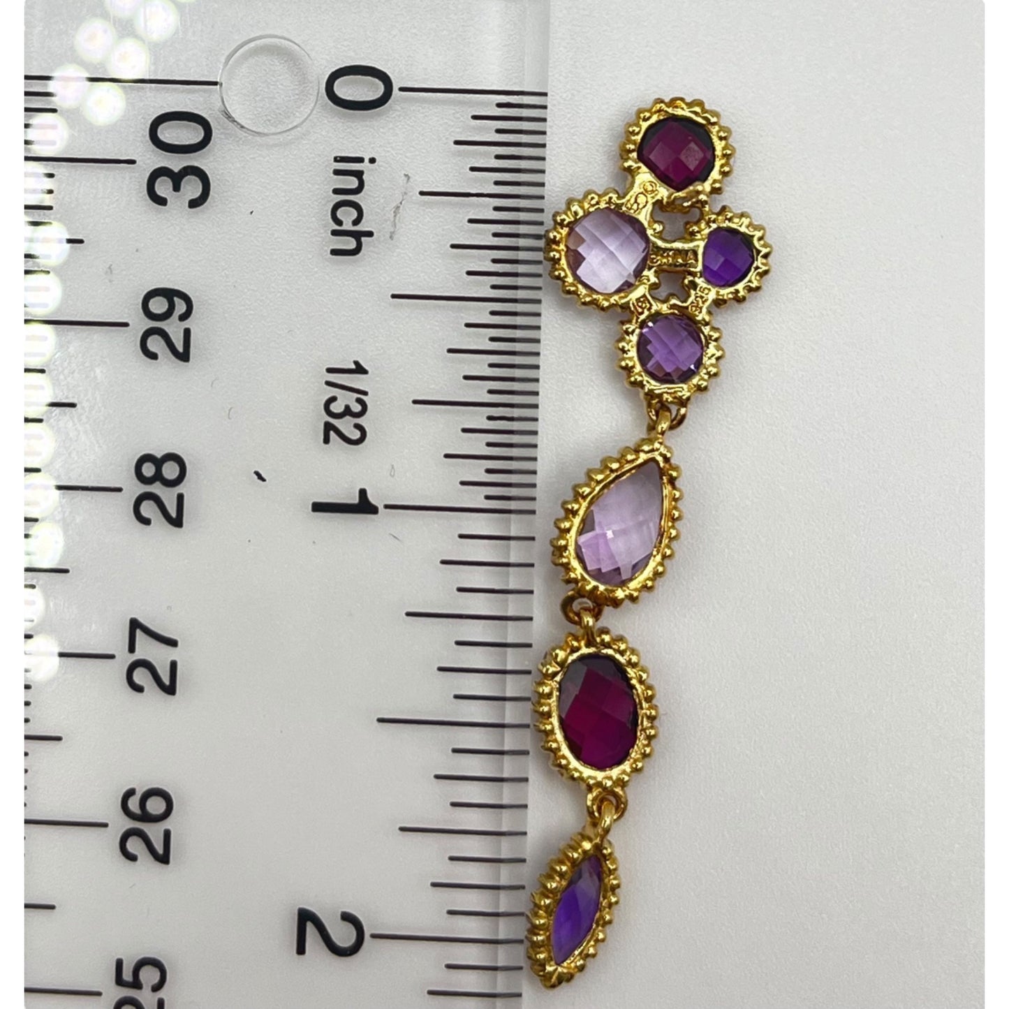 925 Sterling Silver Gold Layered Dangle Drop Earrings Mixed Cut Crystals Purple