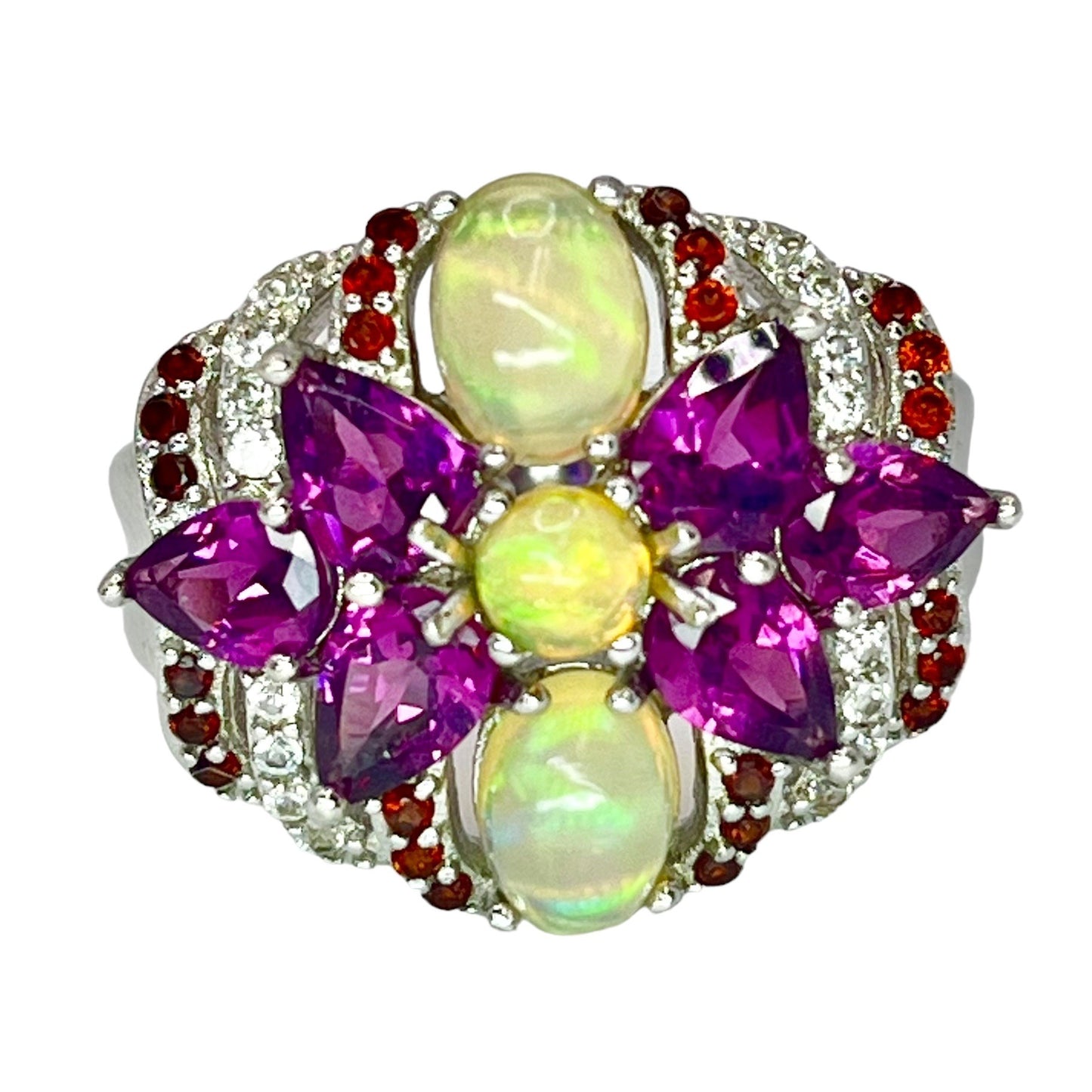 925 Sterling Silver Opal Garnet Topaz Size 8 Ring Cocktail Statement Colorful