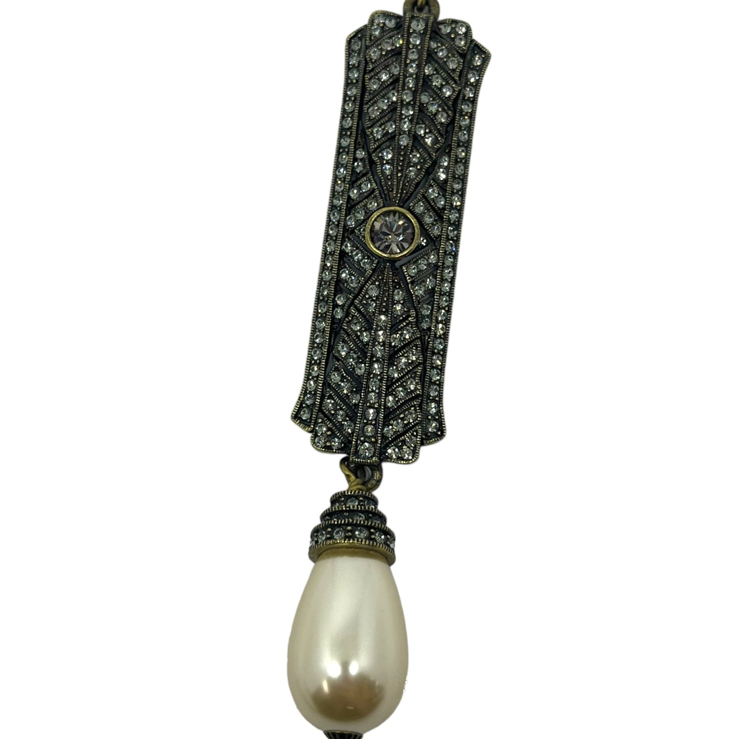 Heidi Daus Art Deco Bronze Tone White Crystal Pin Brooch Dangling Faux Pearl