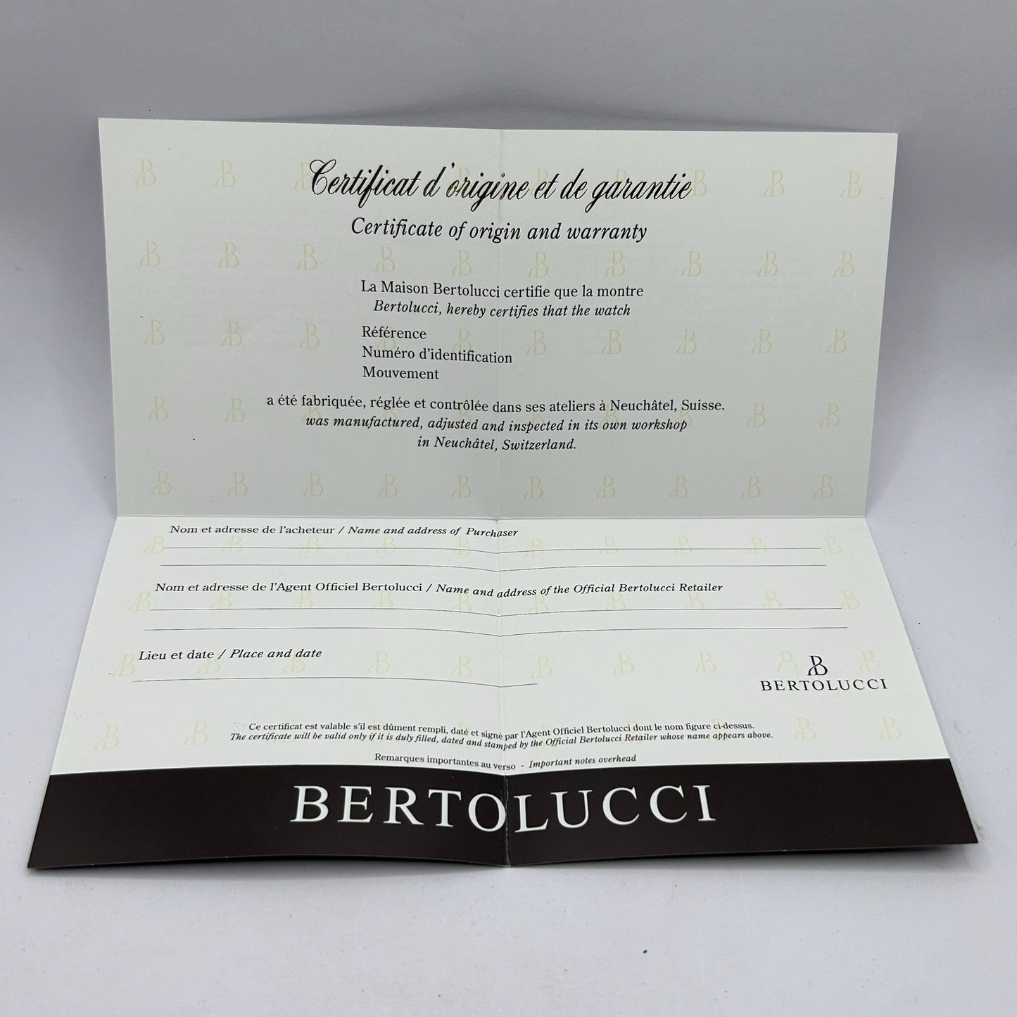 Bertolucci Brown/Black/White Watch Presentation Box w Certificate & Manual ONLY