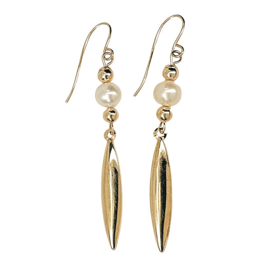14K Gold Bud Pearl Dangle Ear Wire Earrings