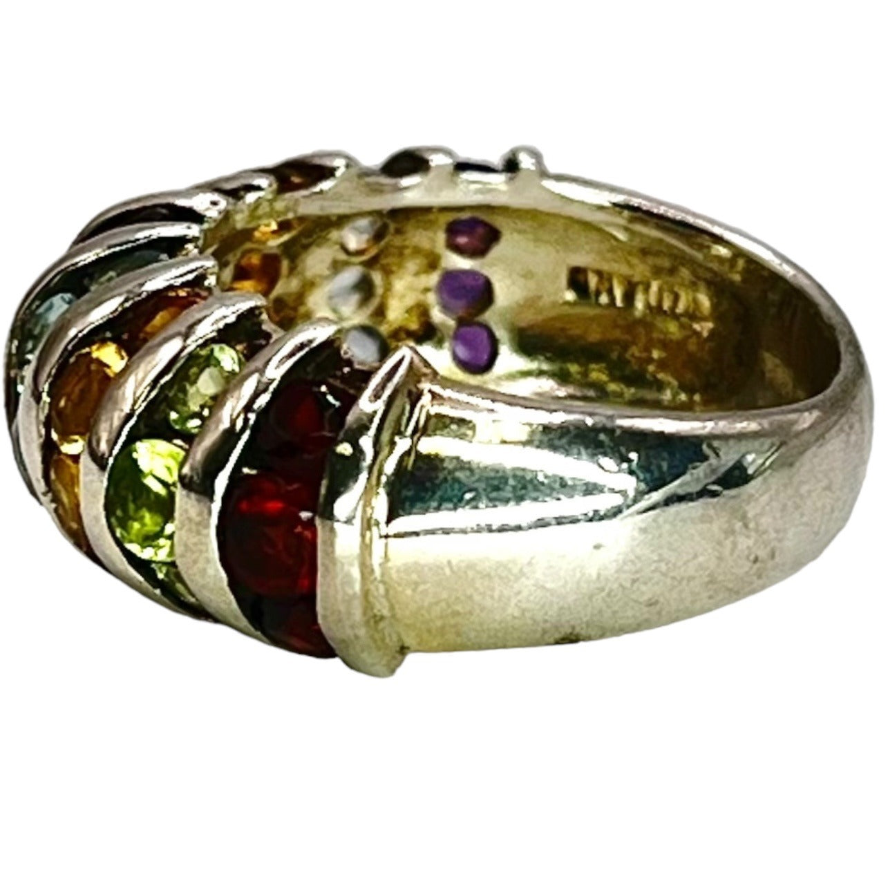 Sterling Silver Domed Multi Gemstone Ring Size 5.75 Colorful Peridot Amethyst