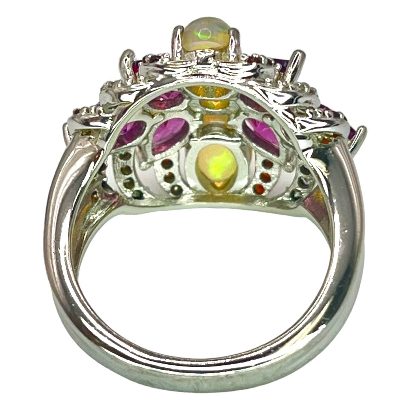 925 Sterling Silver Opal Garnet Topaz Size 8 Ring Cocktail Statement Colorful