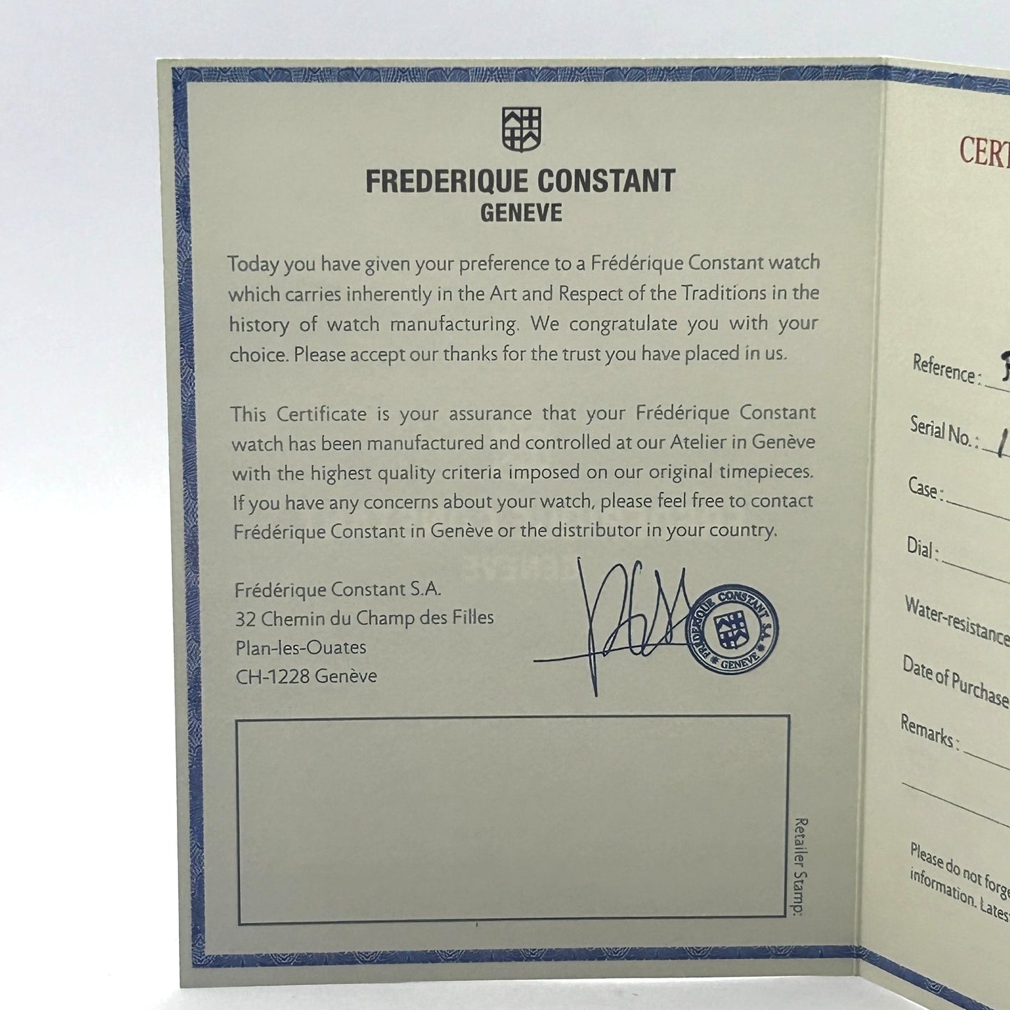 Frederique Constant Geneve Manual and Warranty Booklet ONLY