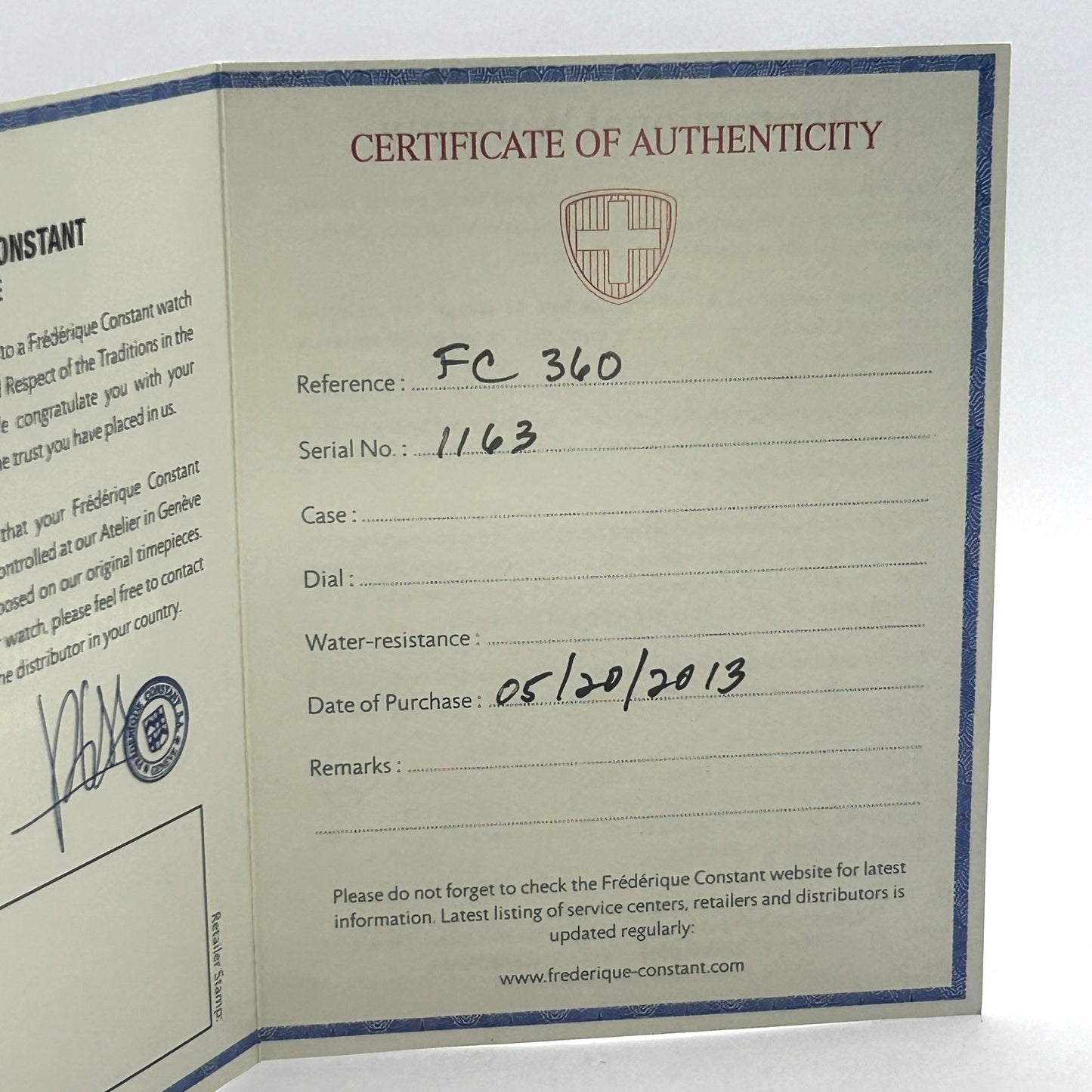 Frederique Constant Geneve Manual and Warranty Booklet ONLY