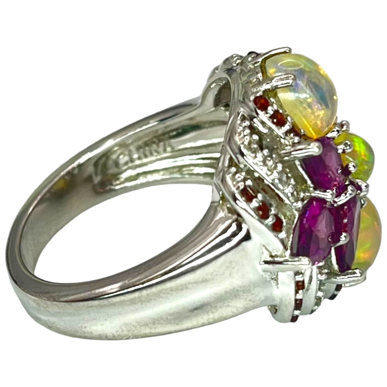 925 Sterling Silver Opal Garnet Topaz Size 8 Ring Cocktail Statement Colorful