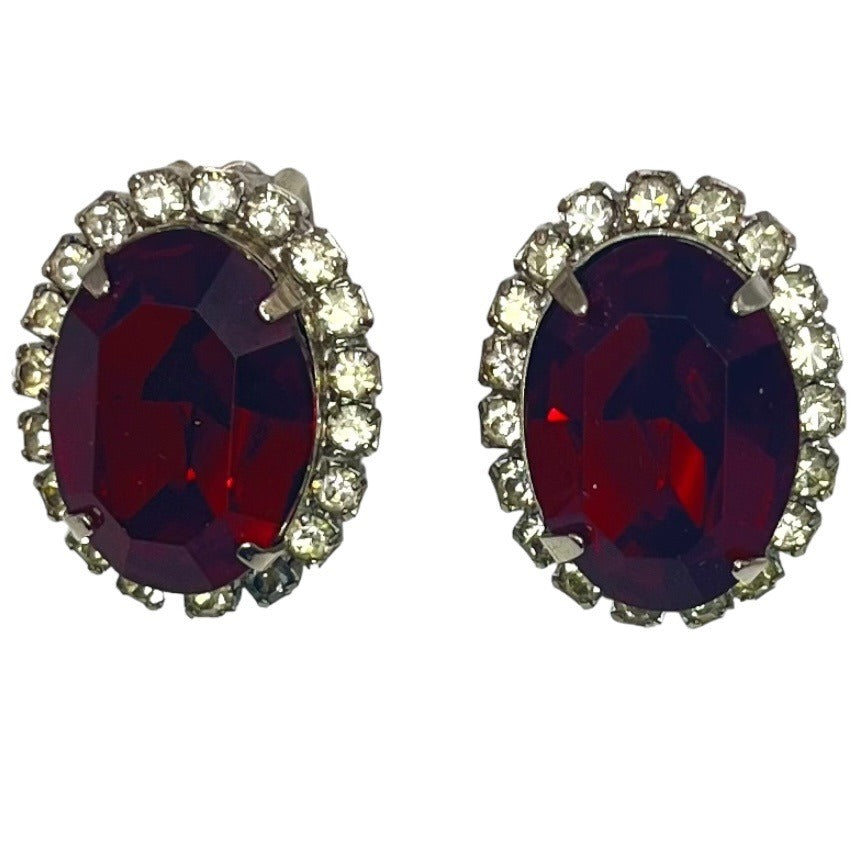 Vintage Kramer of New York Earrings Red Rhinestone Clip-On Formal Chunky