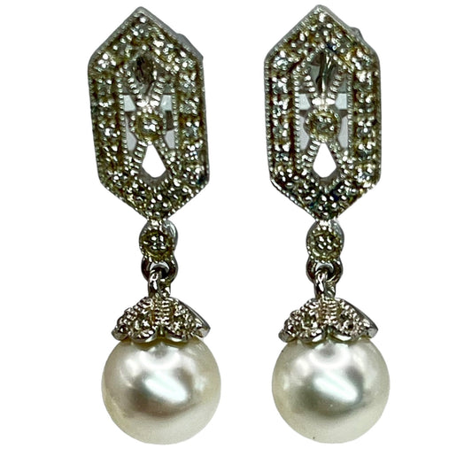 Leslie 925 Sterling Silver Faux White Pearl Drop Dangle Earrings Filigree CZ