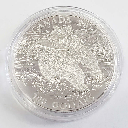 Royal Canadian Mint 2014 $100 1 oz .999 Fine Silver Grizzly Bear Coin w/Box