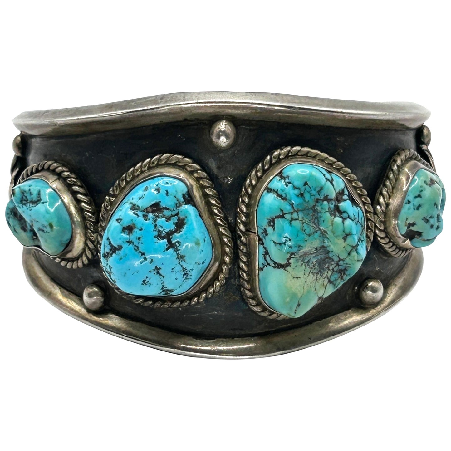 Vintage TB Navajo 925 Sterling Silver Cuff Bracelet w 4 Rough Turquoise Stones