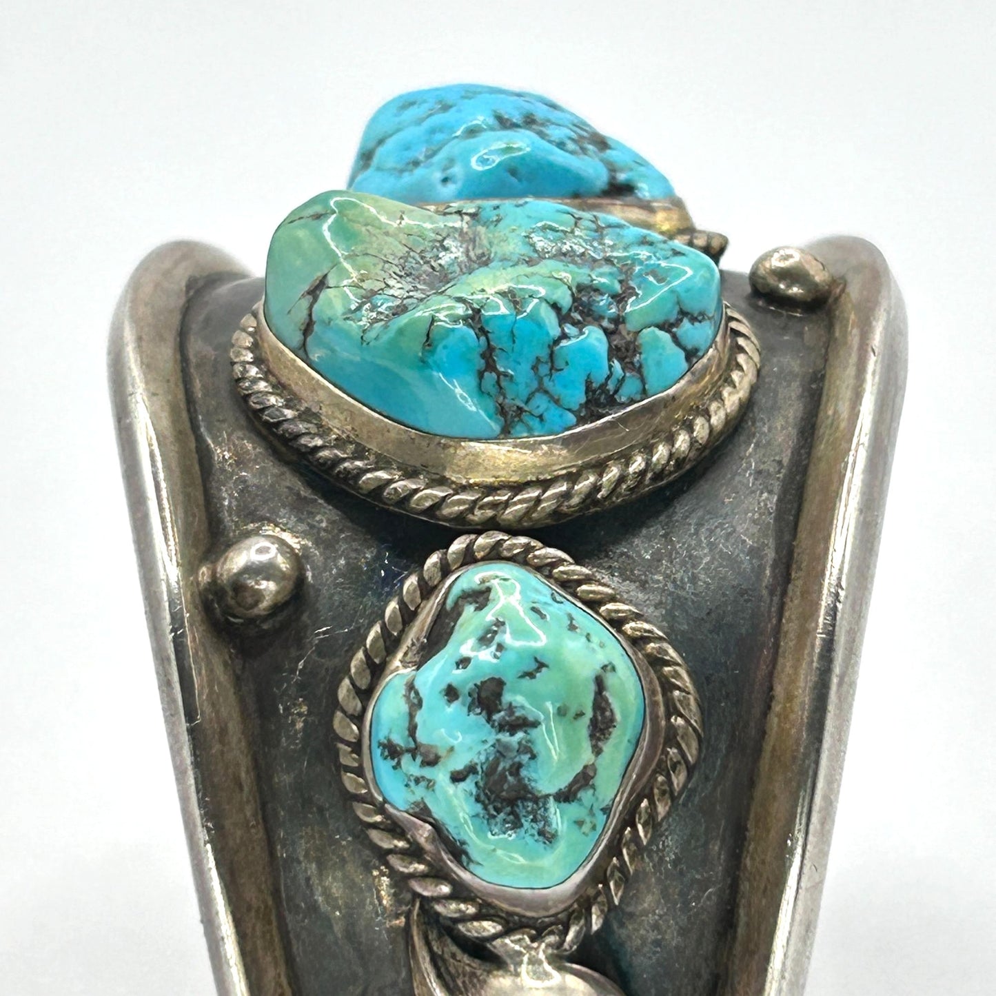 Vintage TB Navajo 925 Sterling Silver Cuff Bracelet w 4 Rough Turquoise Stones