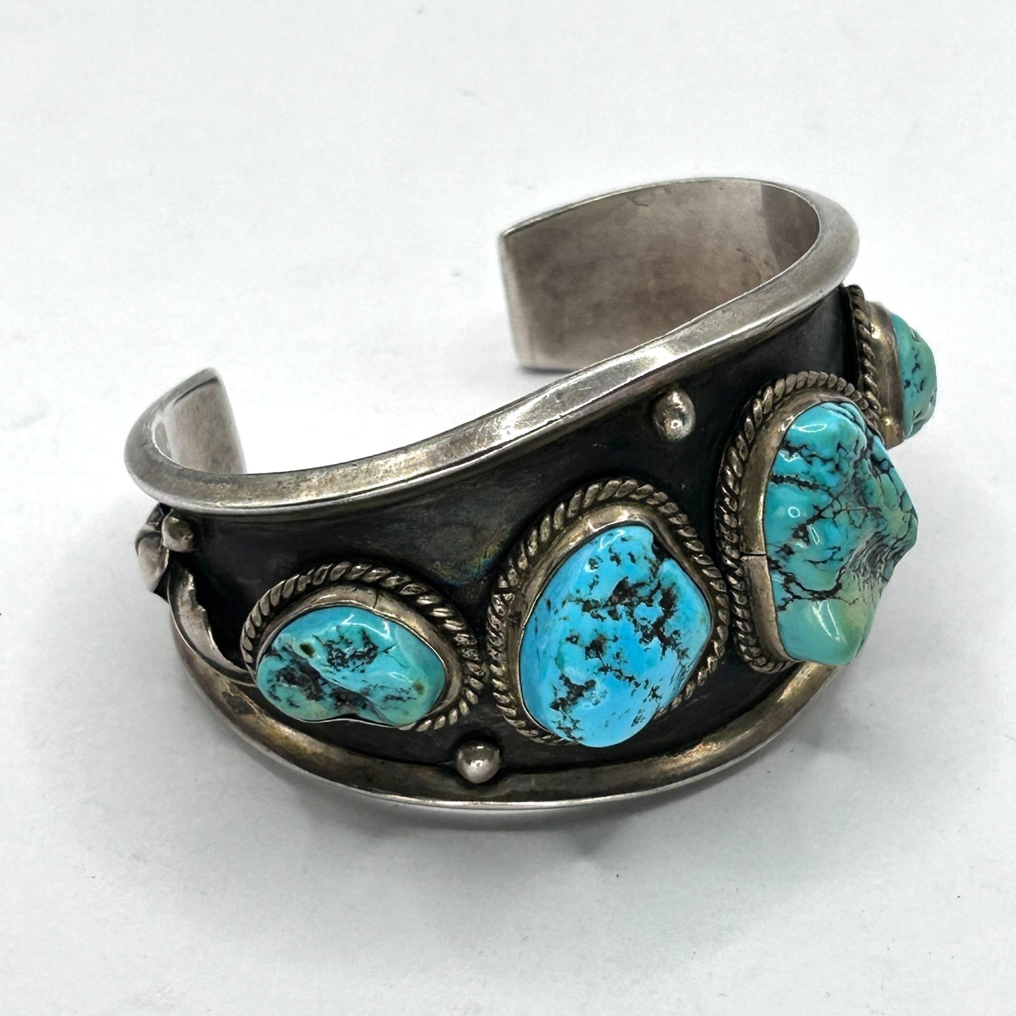 Vintage TB Navajo 925 Sterling Silver Cuff Bracelet w 4 Rough Turquoise Stones