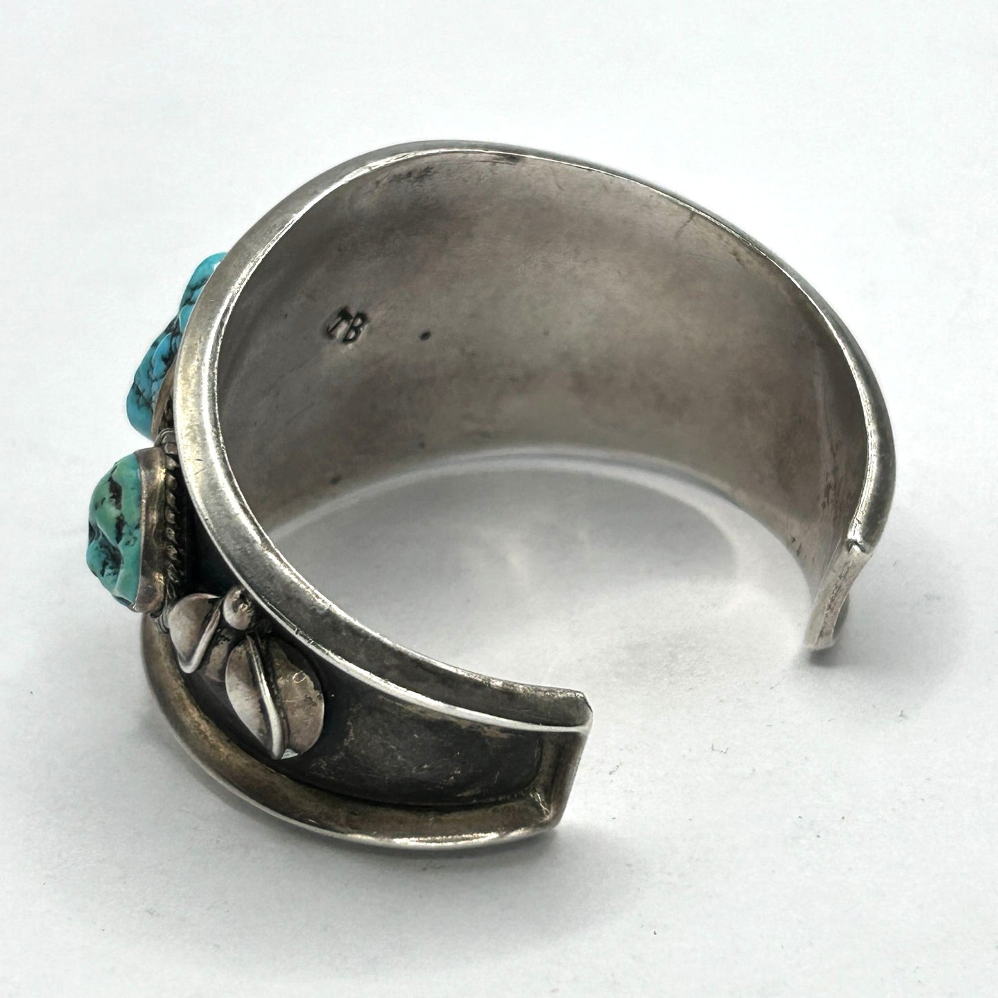 Vintage TB Navajo 925 Sterling Silver Cuff Bracelet w 4 Rough Turquoise Stones
