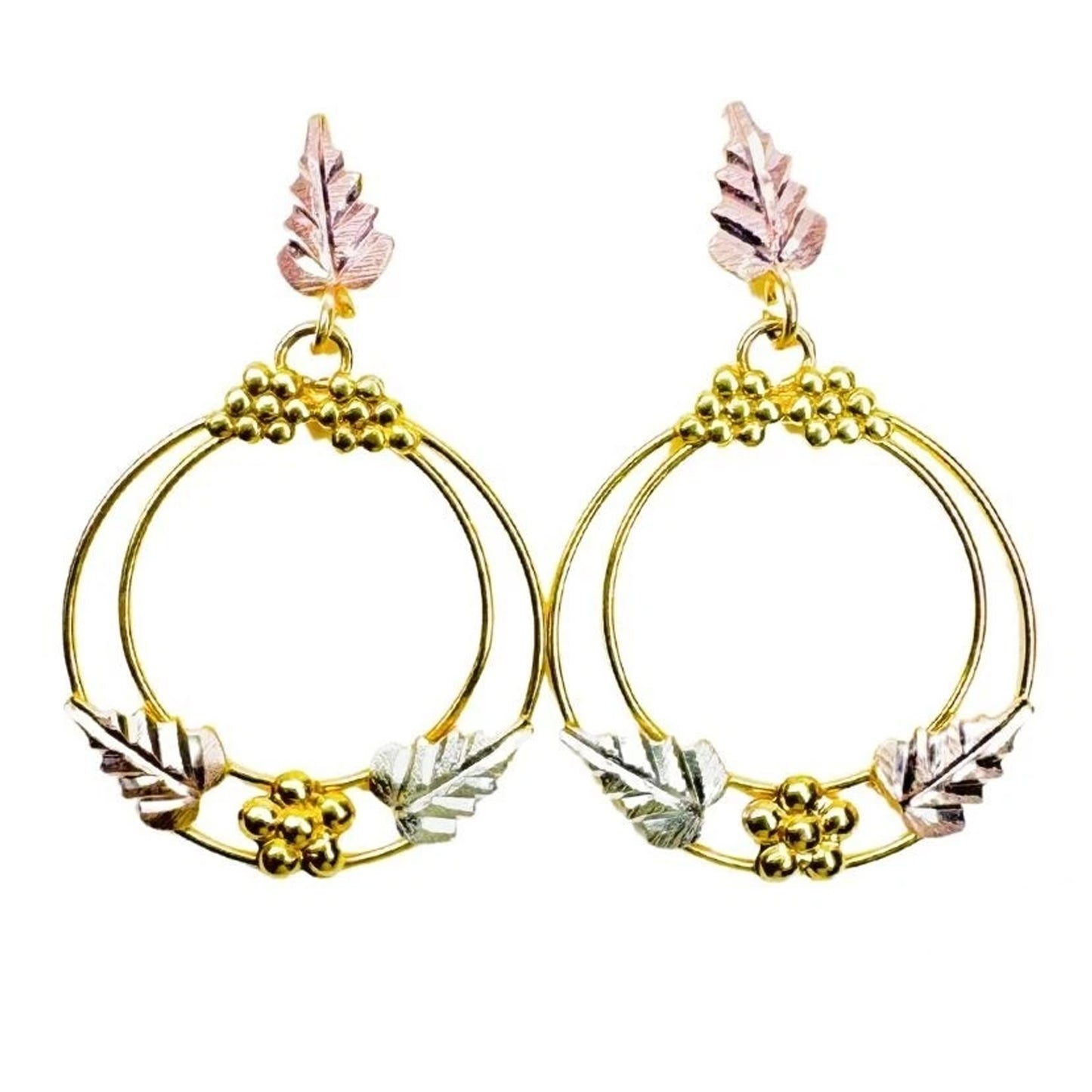 10k Gold Tri-Tone Circular Hoop Leaf Earrings