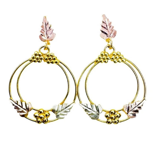 10k Gold Tri-Tone Circular Hoop Leaf Earrings
