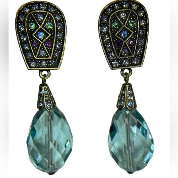 Heidi Daus Multicolor Crystal Faceted Blue Glass Dangle Womens Clip On Earrings