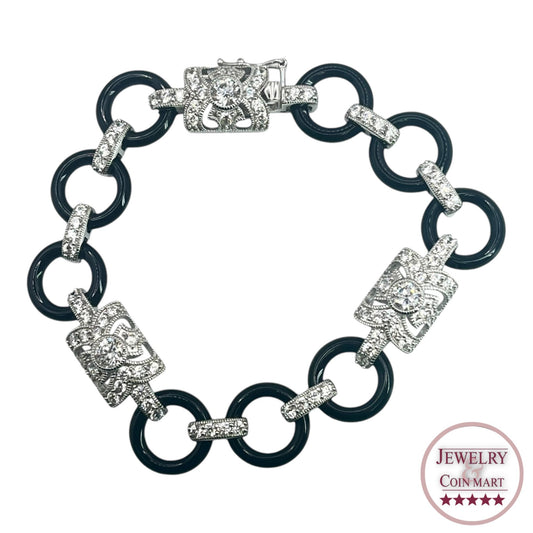 Art Deco 925 Sterling Silver Cubic Zirconia Link Bracelet Black Silver Statement