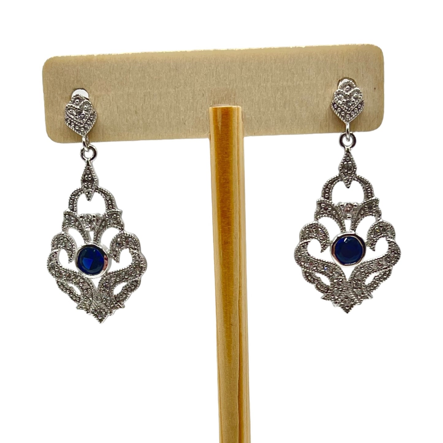 925 Sterling Silver CJW China Drop Dangle Earrings Blue Glass Filigree Ornate