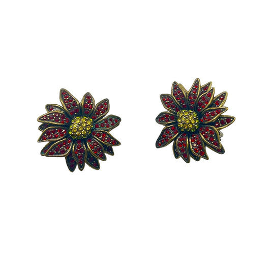 Heidi Daus Poinsettia Flower Crystal Clip on Earrings Pave Art Deco Colorful