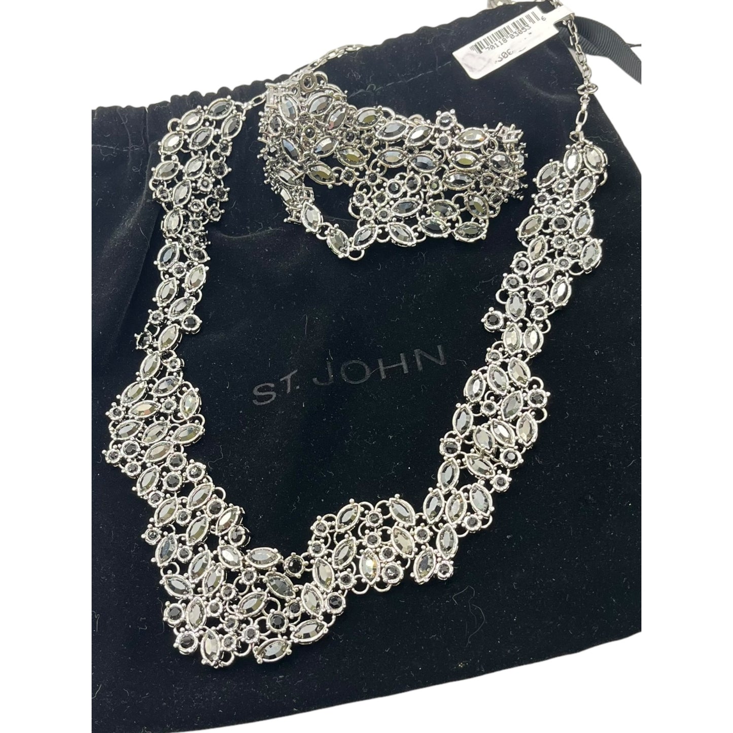 St. John Women's Crystal Collar Necklace and Bracelet Set Silver Tone Filigree