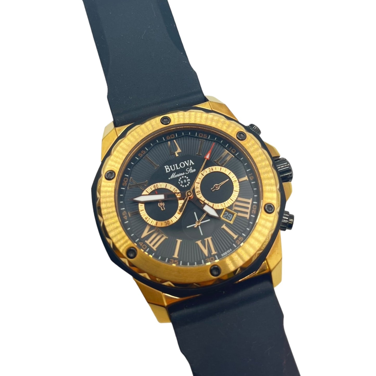 Bulova Men's Watch 96B104 Marine Star Gold Black Dial Black Rubber Strap