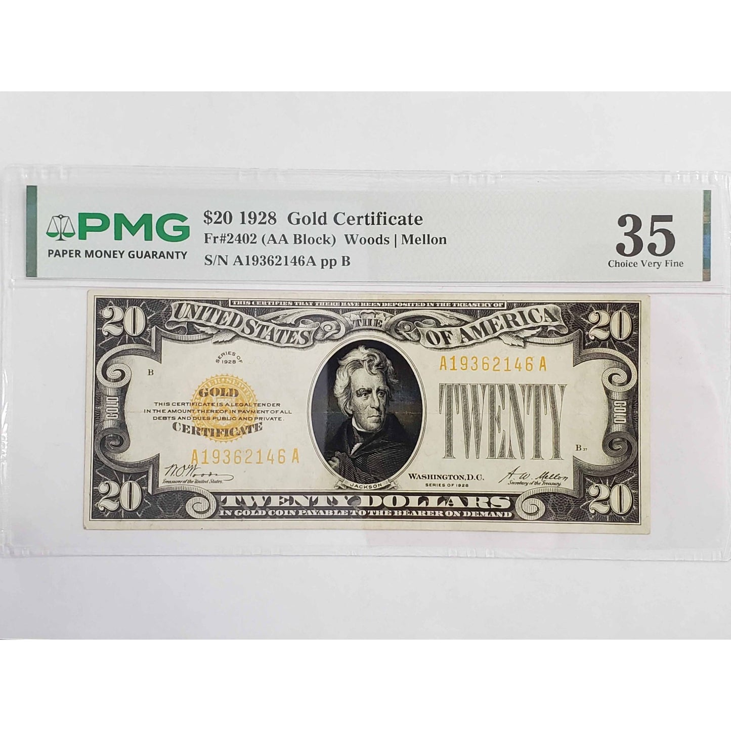1928 $20 Gold Certificate #A19362146A PMG 35 Choice Very Fine