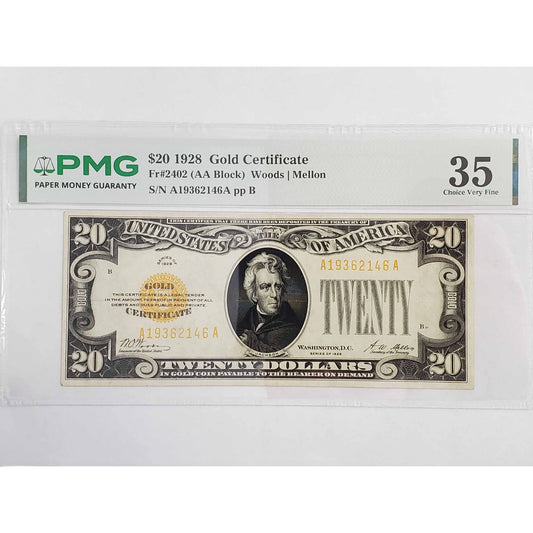 1928 $20 Gold Certificate #A19362146A PMG 35 Choice Very Fine