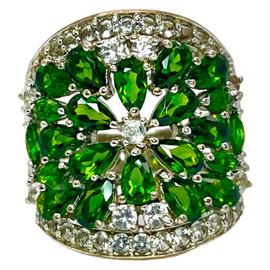 925 Sterling Silver Chrome Diopside CZ Accent Large Cocktail Statement Sz 8 Ring