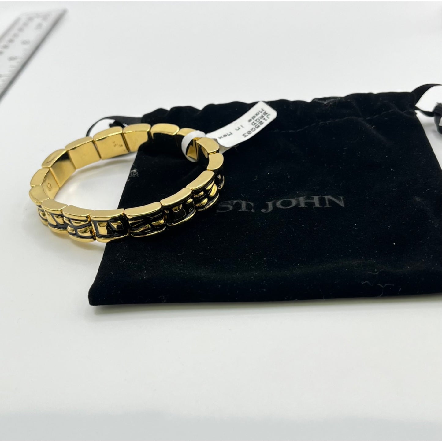 St. John Women's Bangle Bracelet Gold Tone Black Etched Stretch Statement