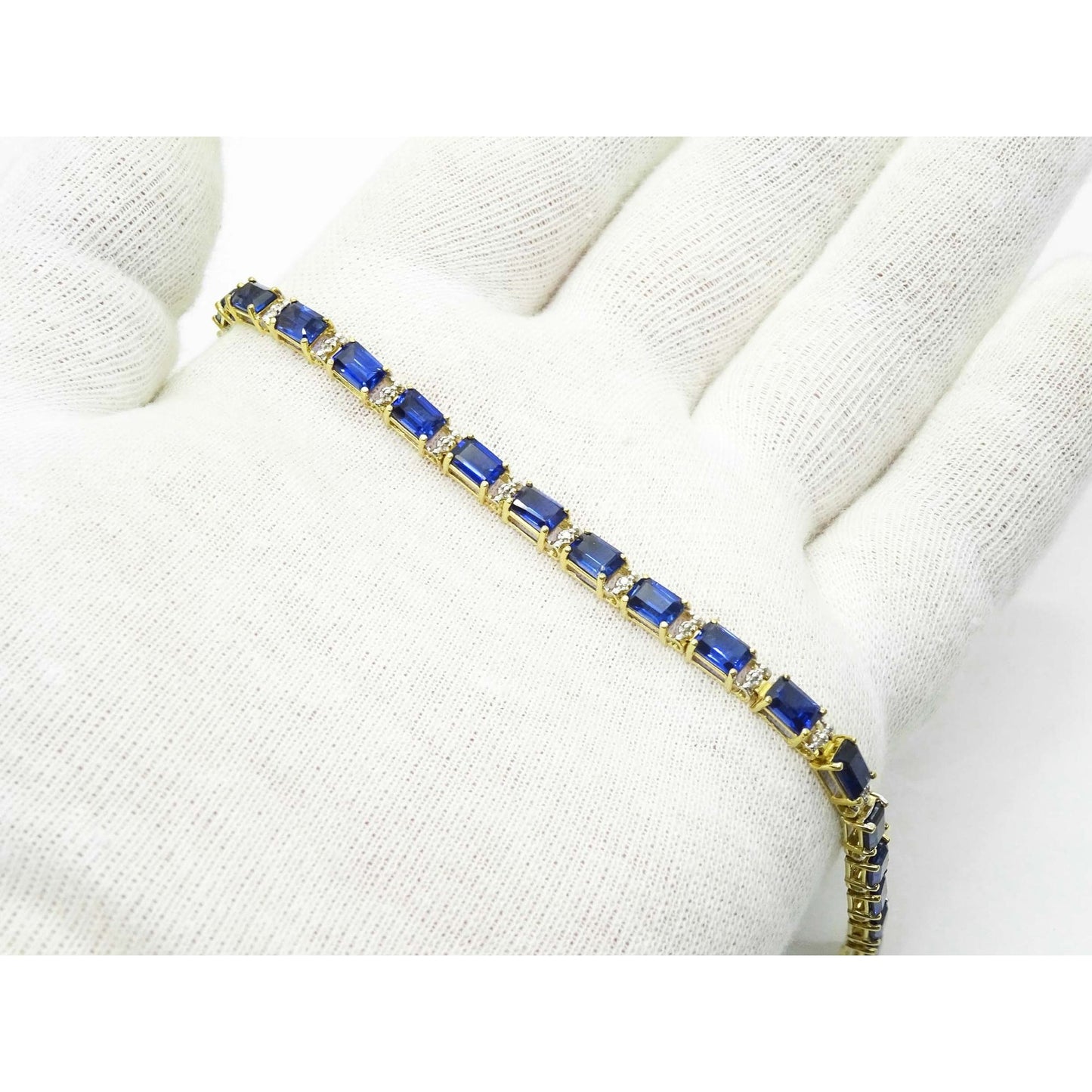 Lab-Created Em-Cut Sapphire & Natural Diamond Accent Tennis Bracelet 10k Gold