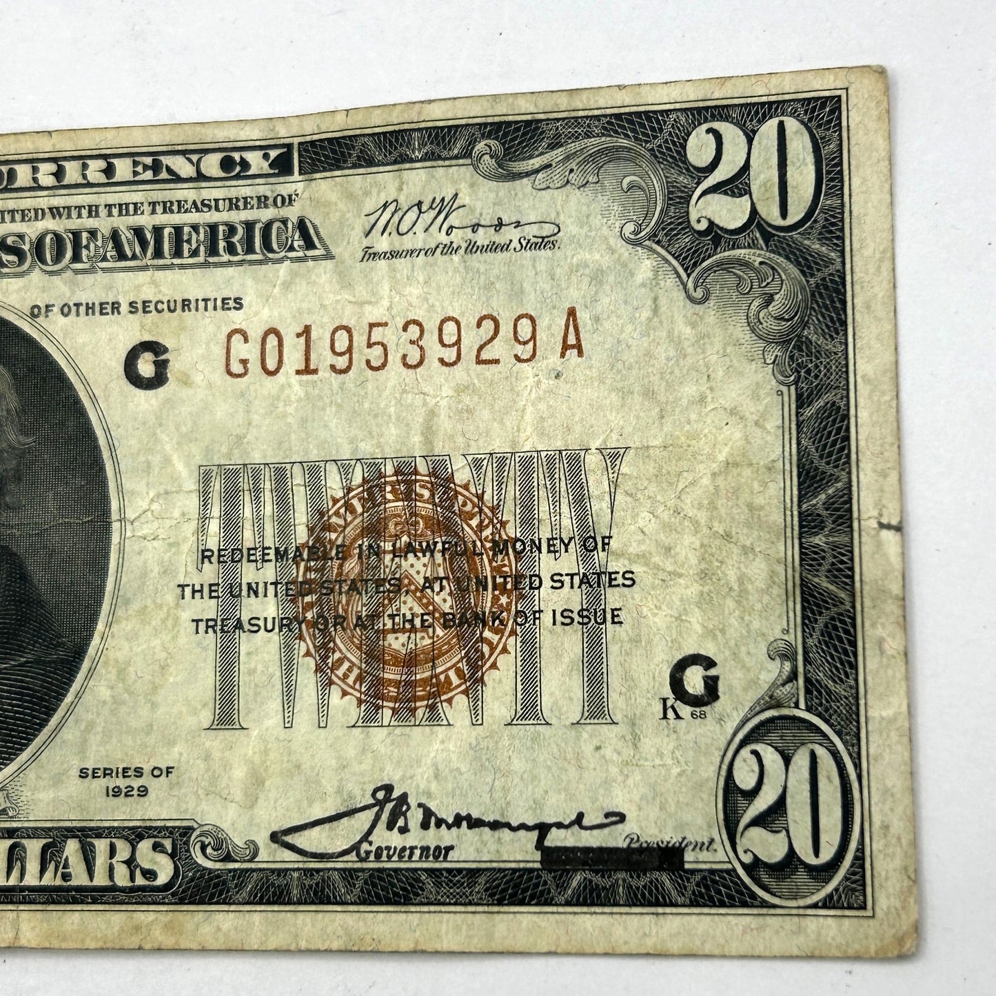 Series of 1929 $20 FRN G-Chicago, Brown Seal, Circ VF
