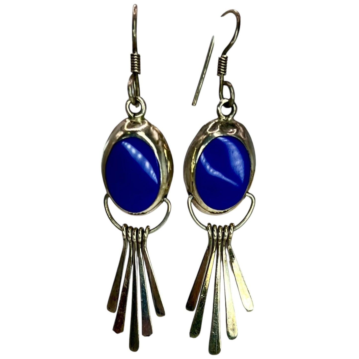 925 Sterling Silver Lapis Lazuli Oval Dangle Drop Earrings Tassel Mexico Blue