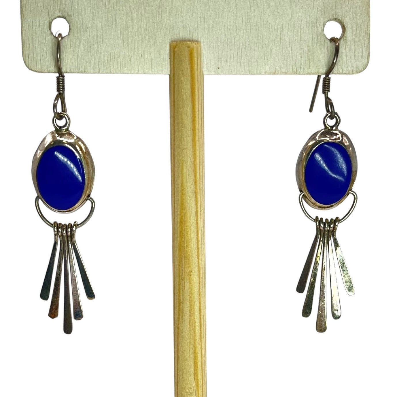 925 Sterling Silver Lapis Lazuli Oval Dangle Drop Earrings Tassel Mexico Blue