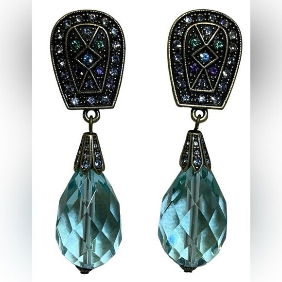 Heidi Daus Multicolor Crystal Faceted Blue Glass Dangle Womens Clip On Earrings