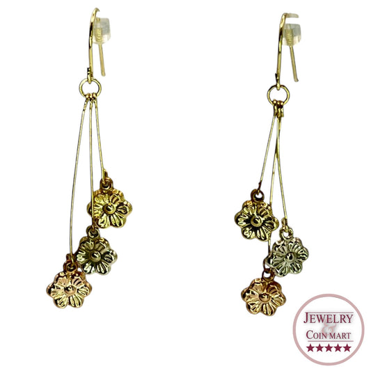 10K Gold Tri-Tone Floral Drop Dangle Earrings Flower Dainty Ditsy Minimalist