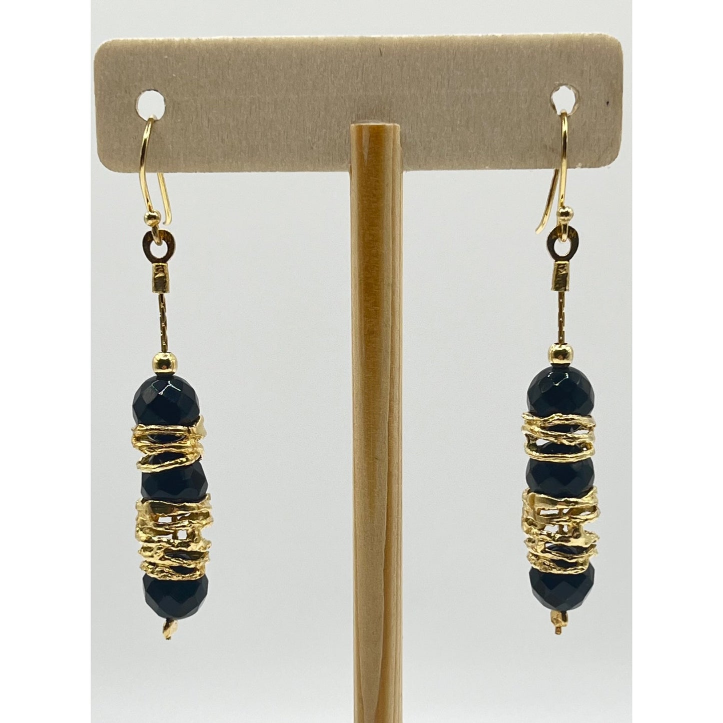 925 Sterling Silver Gold Layered Black Beaded Gold Wrap Dangle Earrings Formal