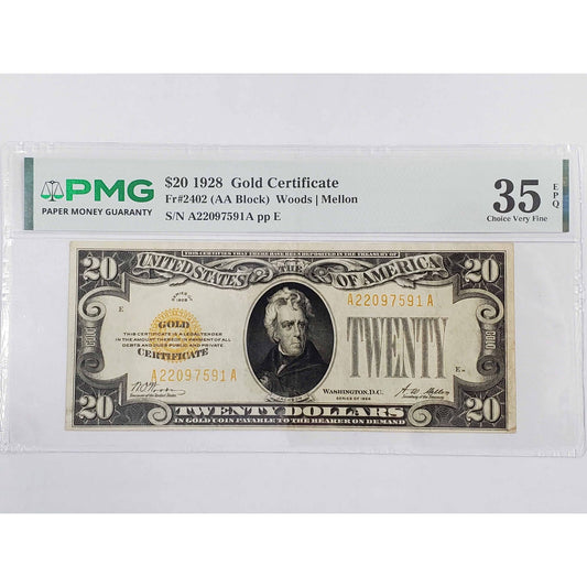 1928 $20 Gold Certificate #A22097591A PMG 35 Choice Very Fine EPQ