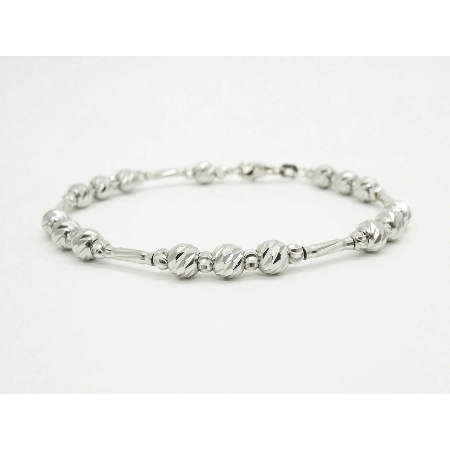 Dia-Cut Design Floating Round & Tube Bead Bracelet 18k White Gold