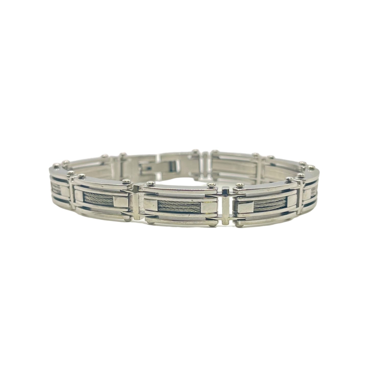 Men's Rectangular Link Brushed Cable Inlay Stainless Steel 316L Bracelet Classic