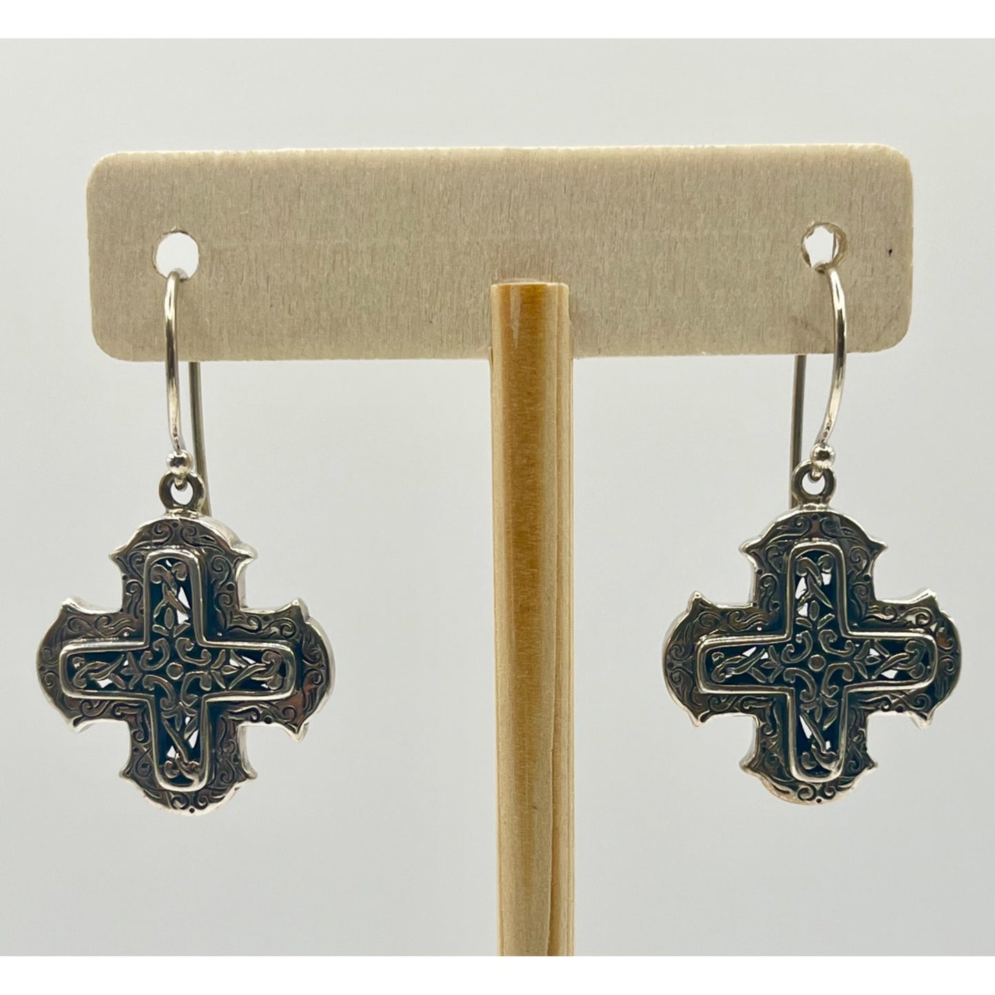 925 Sterling Silver Square Cross Dangle Drop Earrings Filigree Ornate Laced